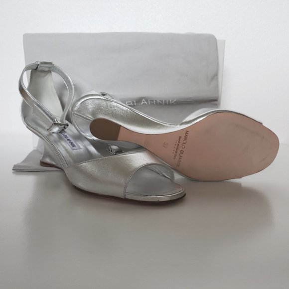 Manolo Blahnik Metallic Demi-Wedge Sandal, Silver - Picture 7 of 12